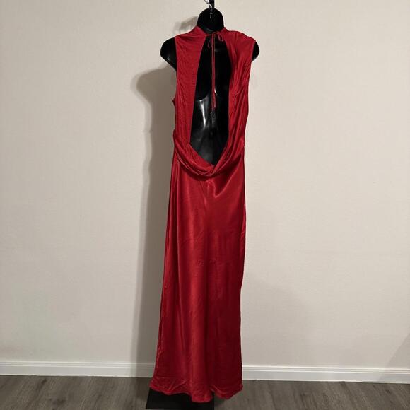 $340 Shona Joy High Neck Red Satin Tatum Cowl Drape Open Back Maxi Dress- US 12 - Picture 6 of 12